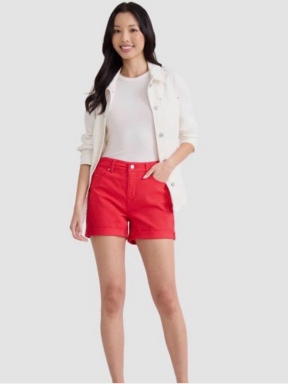 Time and Tru Women’s Size 8 Rolled Cuff Red Denim High-Rise Shorts 4” Inseam NWT